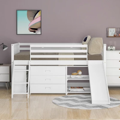 Low Twin Loft Bed With Bookcase, Separate Three Drawers, Pulling Ladder And Slide - ModernLuxe 1 Low Twin Loft Bed With Bookcase, Separate Three Drawers, Pulling Ladder And Slide - ModernLuxe
