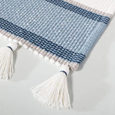 20" X 32" Color Block Stripe Tassels Bath Rug Faded Blue/White - Hearth & Hand™ With Magnolia 2 20" X 32" Color Block Stripe Tassels Bath Rug Faded Blue/White - Hearth & Hand™ With Magnolia - Image 2