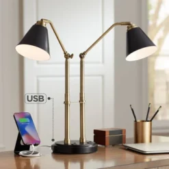 Possini Euro Design Sentry Modern Mid Century Desk Lamp 23" High Black Brass With USB Charging Port LED Adjustable Cone Shade For Bedroom Living Room